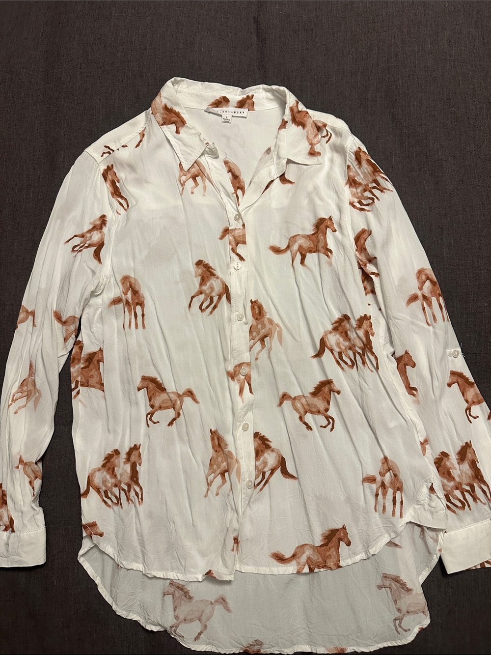 Women's White Button-Front Blouse with Brown Horse Print
